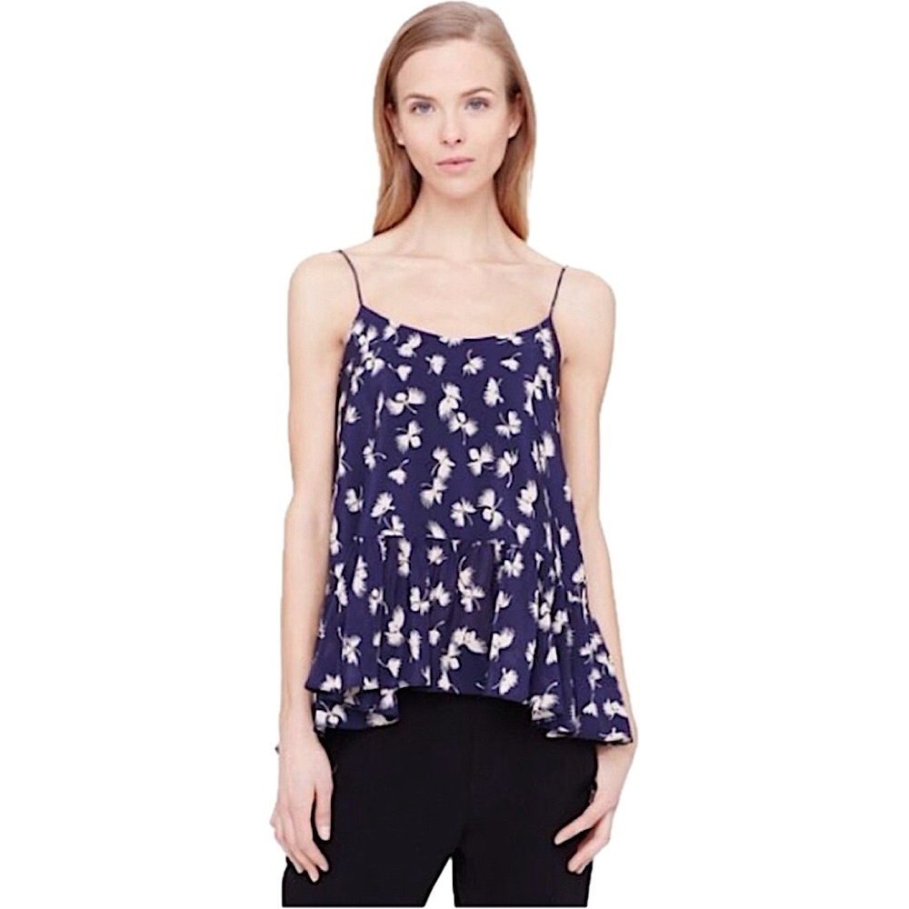 CLUB MONACO BENICIA CAMISOLE TANK TOP BLOUSE NAVY FLORAL RUFFLE PEPLUM SILK XS